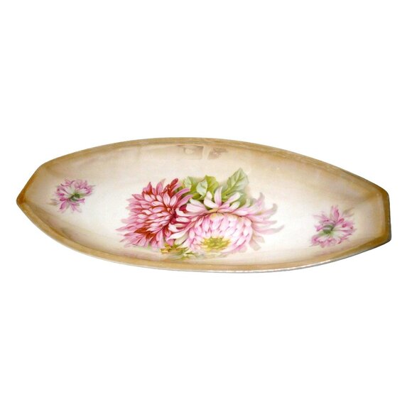 Vintage Germany ~12 in Porcelain Oval Dish Hand-Painted Chrysanthemum Floral 217 - Picture 1 of 5
